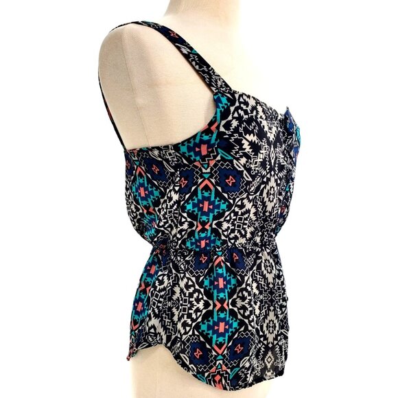 Pink Rose Sm Aztec Sleeveless Cami Blouse Button Chest Elastic Waist Peplum Top - Picture 6 of 9